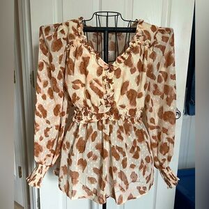 NWT Ruffled Long Sleeve Boutique Blouse in Brown and Cream Sheer Leopard 2XL